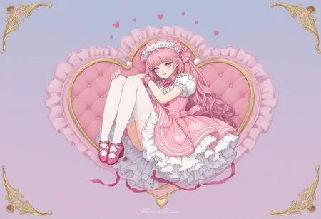 score_9, score_8_up, score_7_up,
masterpiece, best quality, detailed, amazing quality,
detailed background,
detailed face, detailed eyes, pastel colors,
solo, 1girl, dress, stockings, looking at viewer, cute, lovely, easynegative, closeup, flat colors, defined lines, legs in the air, heart frame, hearts, pink