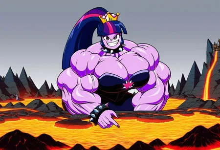 Twilight Sparkle, Equestria Girls, Red Eyes, poseMega, 1girl, breasts, super crown, collar, large breasts, bracelet, crown, ponytail, long hair, smile, jewelry, teeth, nail polish, grin, black_dress, leaning_forward, shirtMega, poseMega, big muscle,large muscle,hyper muscle,huge muscle,thick limbs,thick thighs,thick arms, full body, monster muscles, giantess, sitting, throne, FIRE, CITY, CREEPY, LAVA, VOLCANO, CASTLE