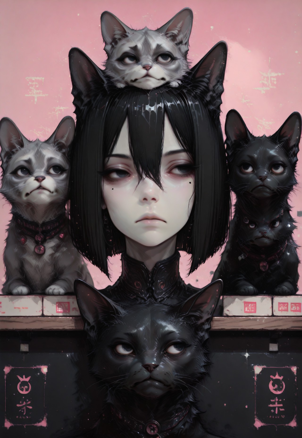 1girl, solo, black hair, bob cut, hair between eyes, solid black eyes, detailed eyes, looking to the side, mole under eye, head support, head on counter, expressionless, pale skin, straight on, close up, animal focus, grumpy cat, black cat,cat on head, pink dithering background, chromatic aberration,dithering,pixel art, no lineart, no outline, blending, flat color,15546+456868, r17329_illu,S4bit4mago_illu,Gorgeous Galactic
