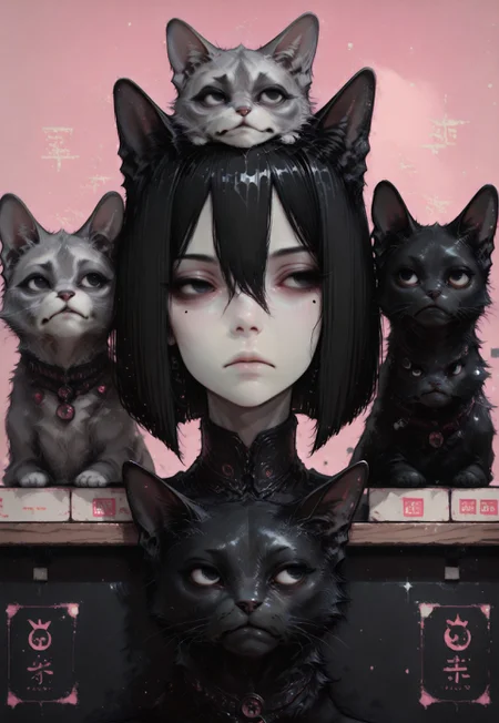 1girl, solo, black hair, bob cut, hair between eyes, solid black eyes, detailed eyes, looking to the side, mole under eye, head support, head on counter, expressionless, pale skin, straight on, close up, animal focus, grumpy cat, black cat,cat on head, pink dithering background, chromatic aberration,dithering,pixel art, no lineart, no outline, blending, flat color,15546+456868, r17329_illu,S4bit4mago_illu,Gorgeous Galactic