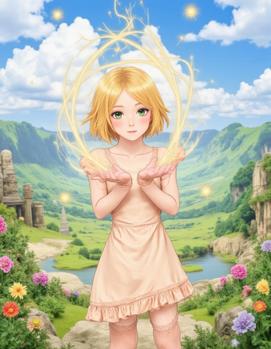 A blonde wizard girl stands amidst a vibrant, paradisiac landscape, her short hair styled with a hairclip, and silky gloves clasped around her hands. She wears a silky dress with intricate frills, and silky stockings with frills that complement her green eyes. A blushing aura surrounds her, as she raises her hands, releasing a wave of magical energy. |SPLIT| wizard girl, flowers, blonde hair, short hair, blushing, green eyes, silky dress, frills, stockings, hairclip, gloves, magical energy wave, paradiac landscape