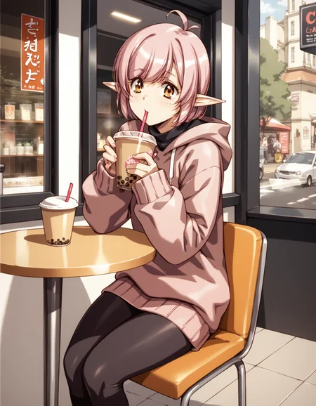 score_9, score_8_up, score_7_up <lora:tippi-ponyxl-000025:1> tippi, pointy ears, sweater, leggings,
1girl, cafe, bubble tea