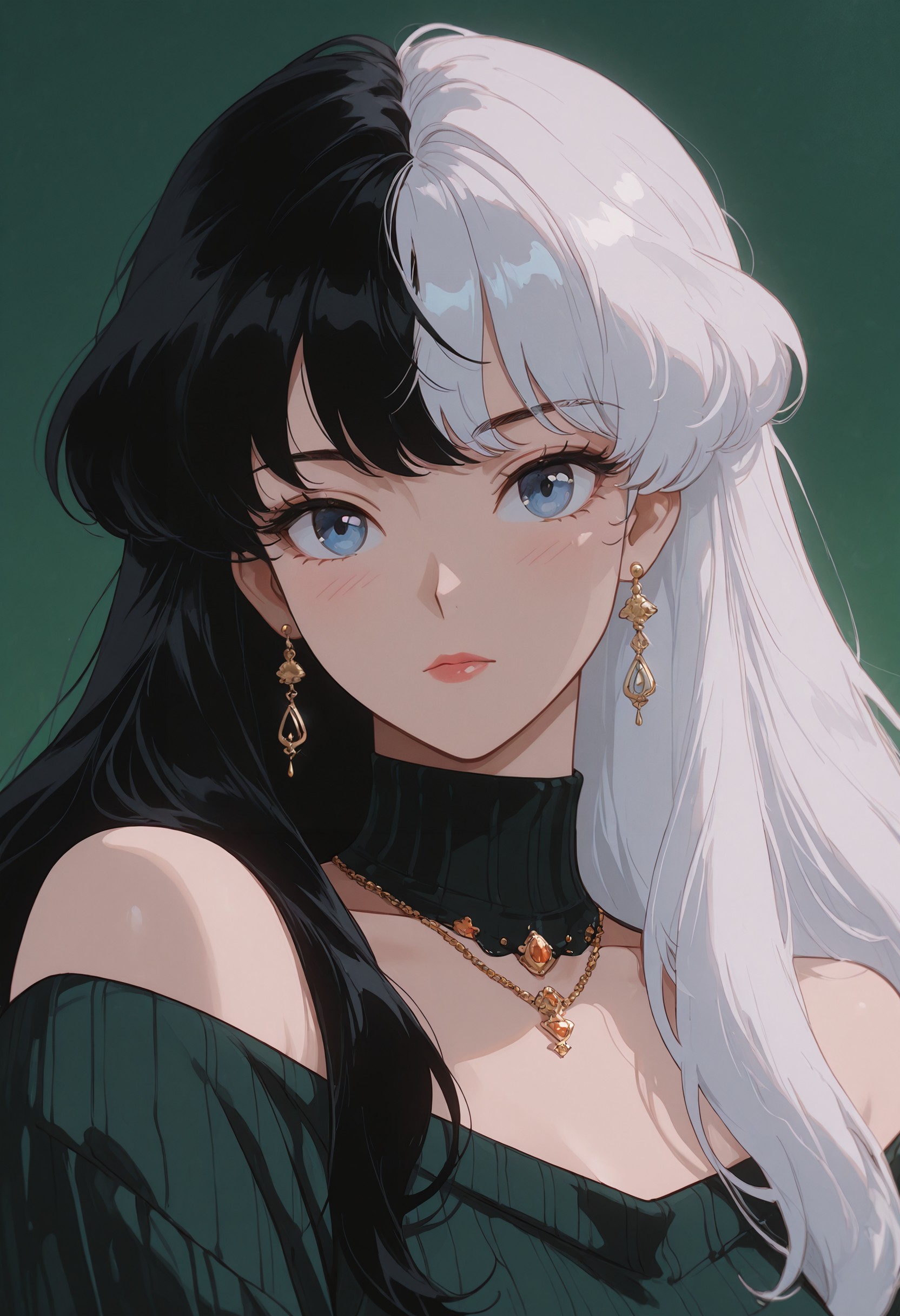 vntg2, jewelry, 1girl, solo, earrings, long hair, black hair, multicolored hair, necklace, two-tone hair, looking at viewer, blue eyes, portrait, white hair, bangs, split-color hair, blush, off shoulder, sweater, green background, detailed lighting, masterpiece, best quality, (ultra-detailed), very aesthetic, beautifully drawn, elegantly detailed, newest, 8k, latest, vntg2, <lora:627b9559-11aa-4715-9edc-2ebc9fd63161:0.9>