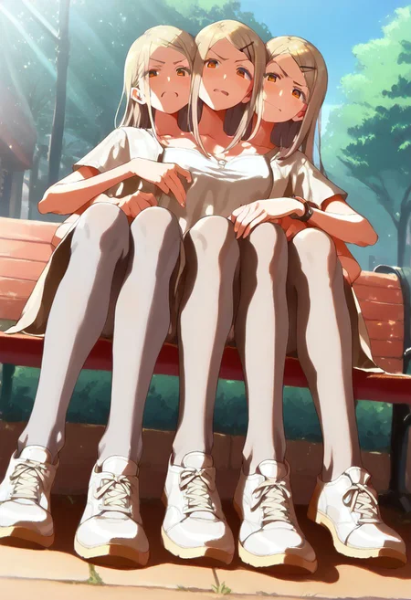 ((8arms, 4heads, trileg, six legs)), leg focus, score_9, score_8_up, score_7_up, score_6_up, score_5_up, score_4_up, shiny skin, french kiss, <lora:hiro.il:1>, hiro, aaa,
 fully clothed, casual, sitting on bench,  slender legs, outdoors , park, (looking at the viewer), frowning, angry, disgusted face, shaded face, (from below),(((grey pantyhose))), [shadows], light rays, Expressiveh