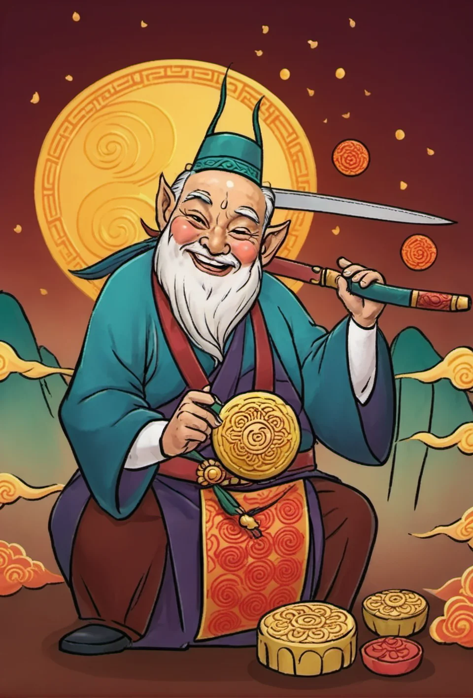 Slightly fat old man with knife, smiling and eating mooncake, celestial palace background, gradient color,<lora:XYå 大:0.8>