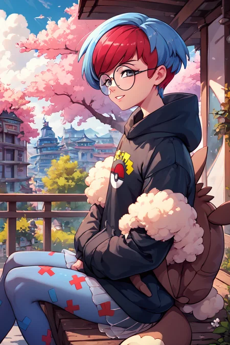 score_9, score_8_up, score_8, medium breasts, (curvy), cute, eyelashes, ,,, , ,,, zzPenny, grey eyes, glasses, short hair, red hair, blue hair, multicolored hair, round eyewear, two-tone hair, long sleeves, hood down, black hoodie, backpack, bag, brown bag, pantyhose, see-through skirt, <lora:Penny_Pokemon_PDXL:1.0>, ,,,, BREAK, sitting on bench, side view, smile, looking at viewer, cowboy shot, ,,, BREAK, pnkBldng, sky, day, cloud, tree, blue sky, building, architecture, east asian architecture, ,,, BREAK, embedding:zPDXL, Expressiveh, ,,, <lora:PinkBuildingsPDXL_v2:0.6>, <lora:SDXLFaeTastic2400:0.5>, <lora:Expressive_H-000001:0.4>