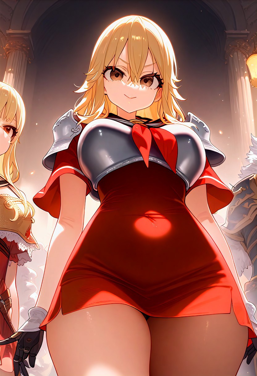 (masterpiece:1.2, best quality), (finely detailed eyes: 1.2) (ultra-detailed, hires), (detailed face, detailed eyes), (best illumination), detailed glow, high contrast, looking at viewer, solo, smile, closed mouth, 1girl, huge breasts, wide hips, thick thighs, centurii-chan, blond hair, brown eyes, hair between eyes, medium hair, fluffy hair, bangs, armor, ((breastplate)), dress, neckerchief, red neckerchief, red dress, short dress, short sleeves, shoulder armor, skindentation, (((face shot))), (masterpiece, best quality, very aesthetic, absurdres), (ultra detailed perfect piece:1.2), illustration, masterpiece, (extremely detailed CG 8k), (very fine 8K CG), <lora:add-detail-xl:-1>