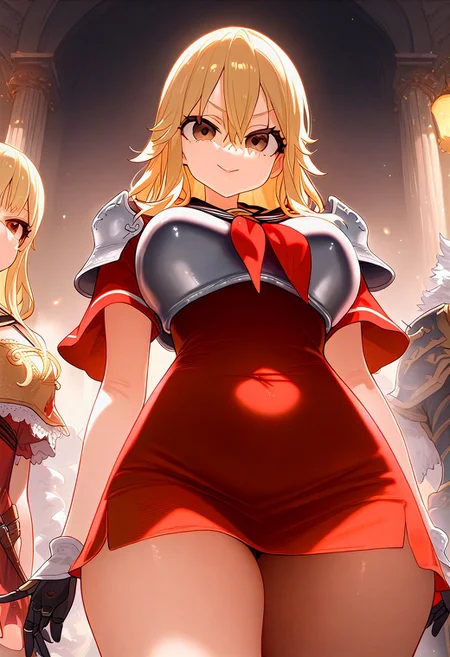 (masterpiece:1.2, best quality), (finely detailed eyes: 1.2) (ultra-detailed, hires), (detailed face, detailed eyes), (best illumination), detailed glow, high contrast, looking at viewer, solo, smile, closed mouth, 1girl, huge breasts, wide hips, thick thighs, centurii-chan, blond hair, brown eyes, hair between eyes, medium hair, fluffy hair, bangs, armor, ((breastplate)), dress, neckerchief, red neckerchief, red dress, short dress, short sleeves, shoulder armor, skindentation, (((face shot))), (masterpiece, best quality, very aesthetic, absurdres), (ultra detailed perfect piece:1.2), illustration, masterpiece, (extremely detailed CG 8k), (very fine 8K CG), <lora:add-detail-xl:-1>
