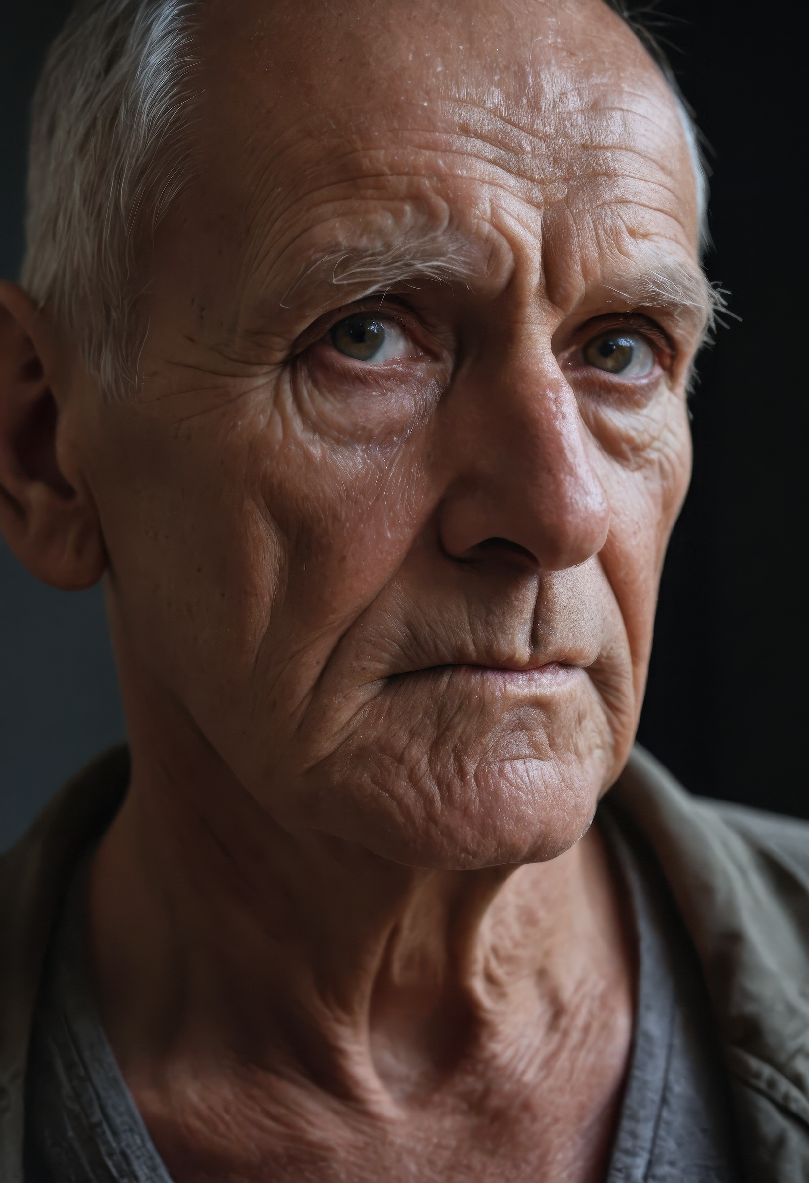 emotional upper body portrait of an elderly man staring directly at the viewer, soulful and reflective expression, aged face with deep wrinkles and expressive eyes, (detailed skin pores:1.2), (imperfect skin texture:1.1), subtle moles and blemishes enhancing realism, visible chest and arms with weathered clothing, ultra-sharp focus, 8k ultra high definition, soft cinematic lighting with gentle highlights and natural warm tones, controlled film grain texture, hyperrealistic rendering, raw realism, finely rendered lifelike textures, professional studio portrait lighting, photorealistic masterpiece