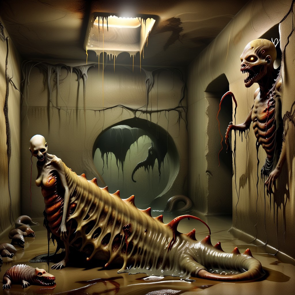 terra_vermis, Dark Fantasy page, Inside a crypt. sluggirl,  undead, twitching, writhing. Walls made of flesh. Painting. Monster Manual. s34slug, flaps, stalks
zombie slug hybrid man monster.
