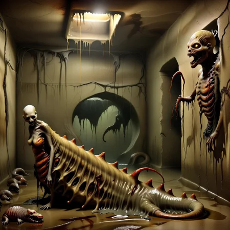 terra_vermis, Dark Fantasy page, Inside a crypt. sluggirl,  undead, twitching, writhing. Walls made of flesh. Painting. Monster Manual. s34slug, flaps, stalks
zombie slug hybrid man monster.