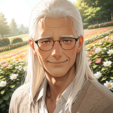 masterpiece, best quality, amazing quality, absurdres, newest, detailed background, definition so sharp, Ultra-HD, 8K cinematic, very awa, impressionate, amazing quality, highres,
solo, male focus, manly,
daikakukokujouji, lieutenant_white hair, lieutenant_brown eyes, 1boy, old man, looking at viewer, warm smile, long hair,wearing glasses \(on nose\), casual clothing, cardigan, outdoor setting, blooming garden, sunlight, peaceful, kind, approachable, comforting, joyful, grandfatherly