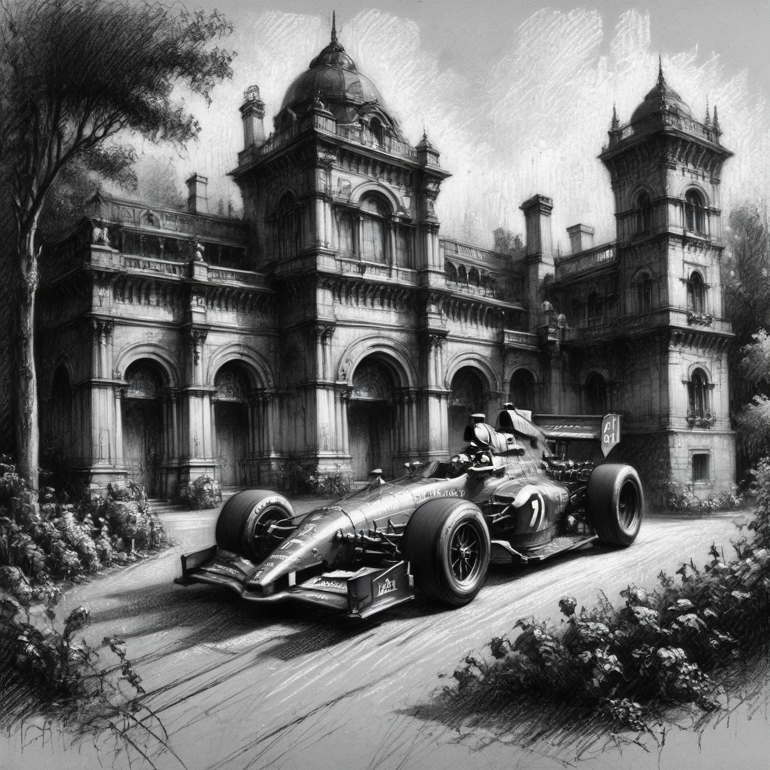 A modern F1 race car surrounded by a Victorian setting <lora:Renaissance_Drawing:1.0>, <lora:EnvyBetterHiresFixXL01:0:hr=1>