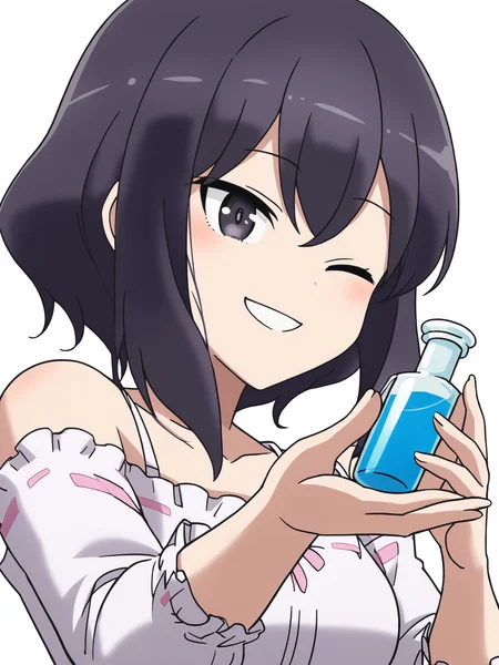 woman, 20 y/o, 20 year old, 20 year old woman, score_7_up, score_8_up, score_9, BREAK masterpiece, high quality, 1girl, solo, <lora:Kaoru_Nagase_PDXL_v1:0.8> kaoru, dress, black hair, black eyes, upper body, one eye closed, standing, cute pose, smile, white background, holding potion in one hand, adult, mature face