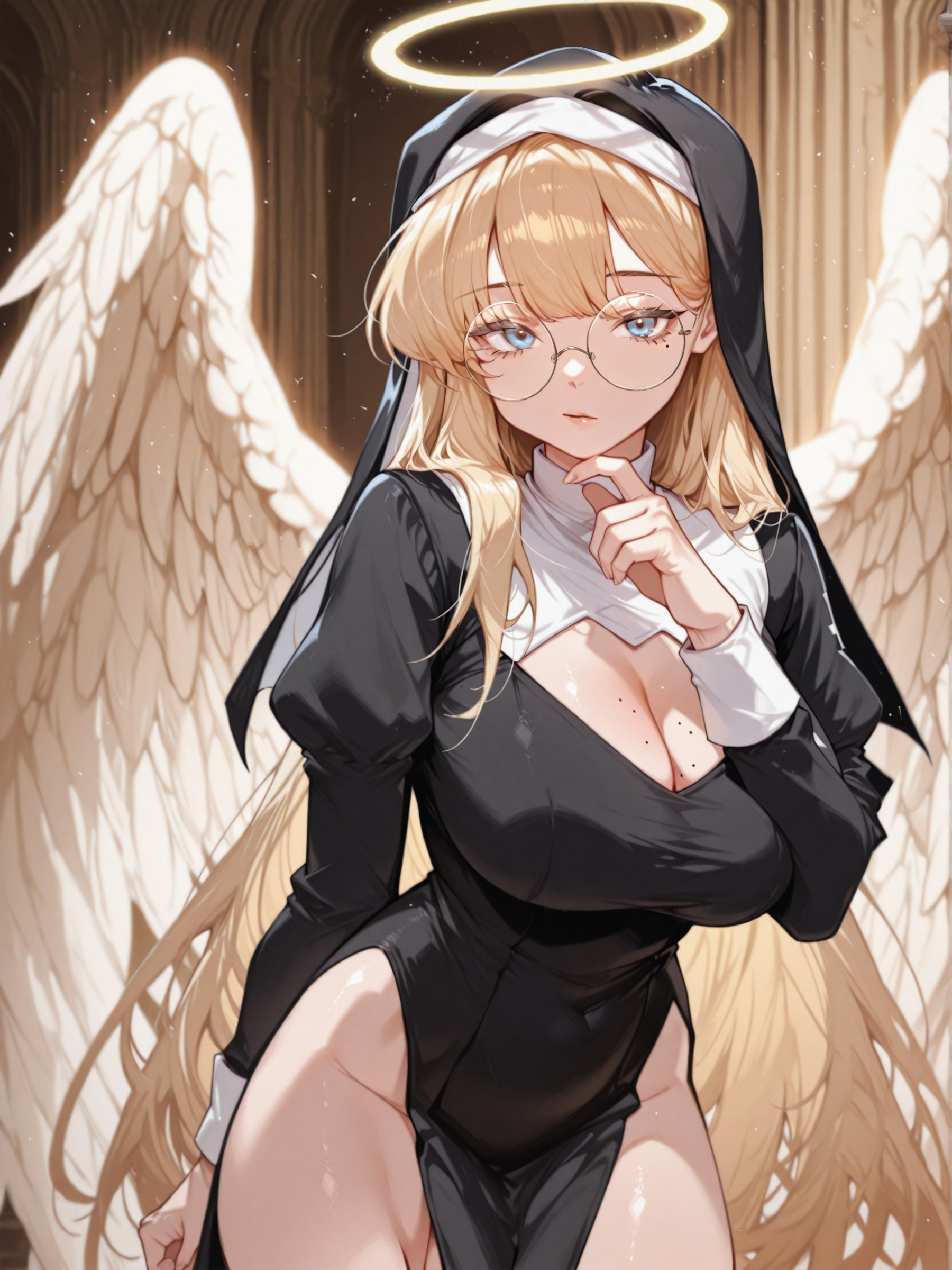 ILXLpos,looking at viewer,angel_cnr, 1girl, blonde hair,very long hair, bangs, blue eyes, mole on breast, mole under eye,round eyewear,  halo,  angel wings,black dress,  long sleeves, cleavage cutout, clothing cutout,  nun,  thighs, finger to own chin,solo,<lora:Angel:0.5>