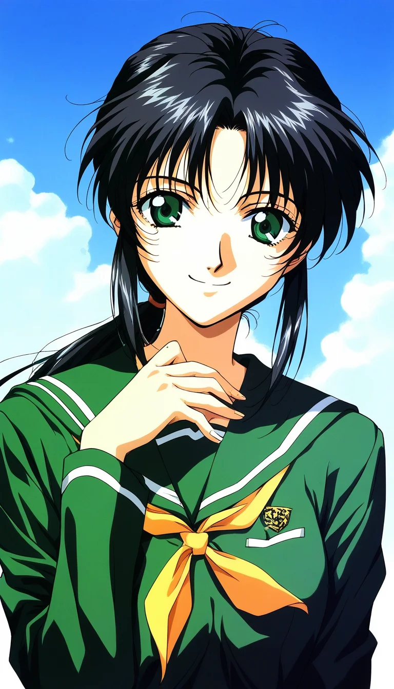 score_9, score_8_up, score_7_up, source_anime, rating_explicit, BREAK <lora:Tachibana_Yumi_XL:1> Tachibana_Yumi, black hair, long hair, green eyes, low ponytail, bangs, sidelocks, 1990s (style),
1girl, solo, school uniform, smile, hand on own chest, looking at viewer, long sleeves, upper body,
green shirt, serafuku, skirt, shirt,
blue sky,