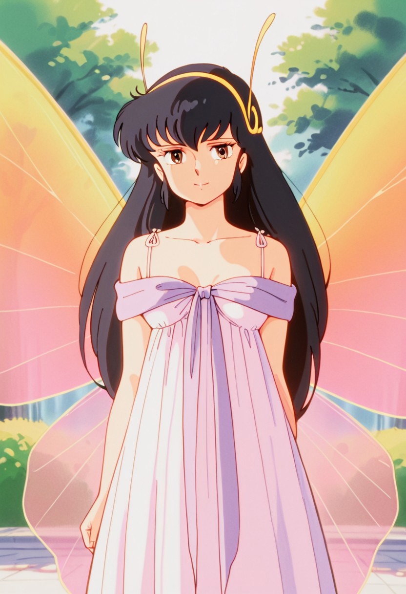 retro artstyle,1980s (style), masterpiece, very aesthetic,8k, best quality,sakurauru, 1girl, solo, brown eyes, smile, black hair,Butterflydress, antenna Headwear, Wings, park, looking to viewer,impressionism, high detail, depth of field, blurred background, dramatic lighting,