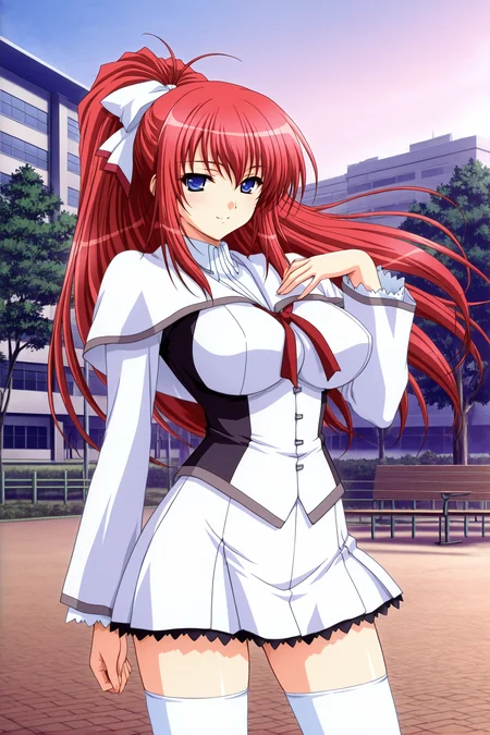 <lora:shiratori_mikoto_iny_ills:1>shiratori mikoto, school uniform, white short capelet, 1girl, solo, long hair, blue eyes, white fitted skirt with black frills, school bulding background, school park, outdoor, thighhighs, side white big hair bow, ponytail, red hair, white thighhighs, zettai ryouiki, one hand on chest,   seductive smile, high resolution,  cowboy shot, looking on viewer, large breast, (white thight sleeves), (red ribbon tie under capelet), slender body, young-adult, full body, brown shoes, <lora:HandFixer_pdxl_Incrs_v1:1>