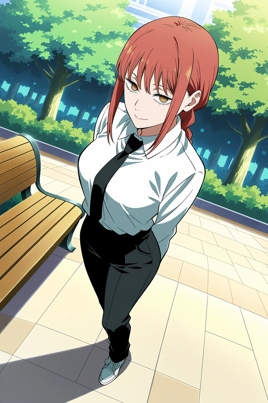 anime screencap, anime coloring, detailed face, masterpiece, best quality, very aesthetic, absurdres, bokeh, volumetric lighting, official style, amazing quality, ultra detailed, highres, amazing quality, scenery, beautiful detailed hair, beautiful detailed eyes,
<lora:StS-Illustrious-Detail-Slider-v1.0:4>
outside, at a park, green trees, park bench,
<lora:Makima_Chainsaw_Man:1>
1girl, makima (chainsaw man), solo, braided ponytail, red hair, sidelocks, white collared shirt, black necktie, yellow eyes, ringed eyes, black pants, shirt tucked in, looking at viewer, standing, long hair, medium breasts, collared shirt, long sleeves, seductive smile, shoes, (full body shot, high angle, dutch angle),