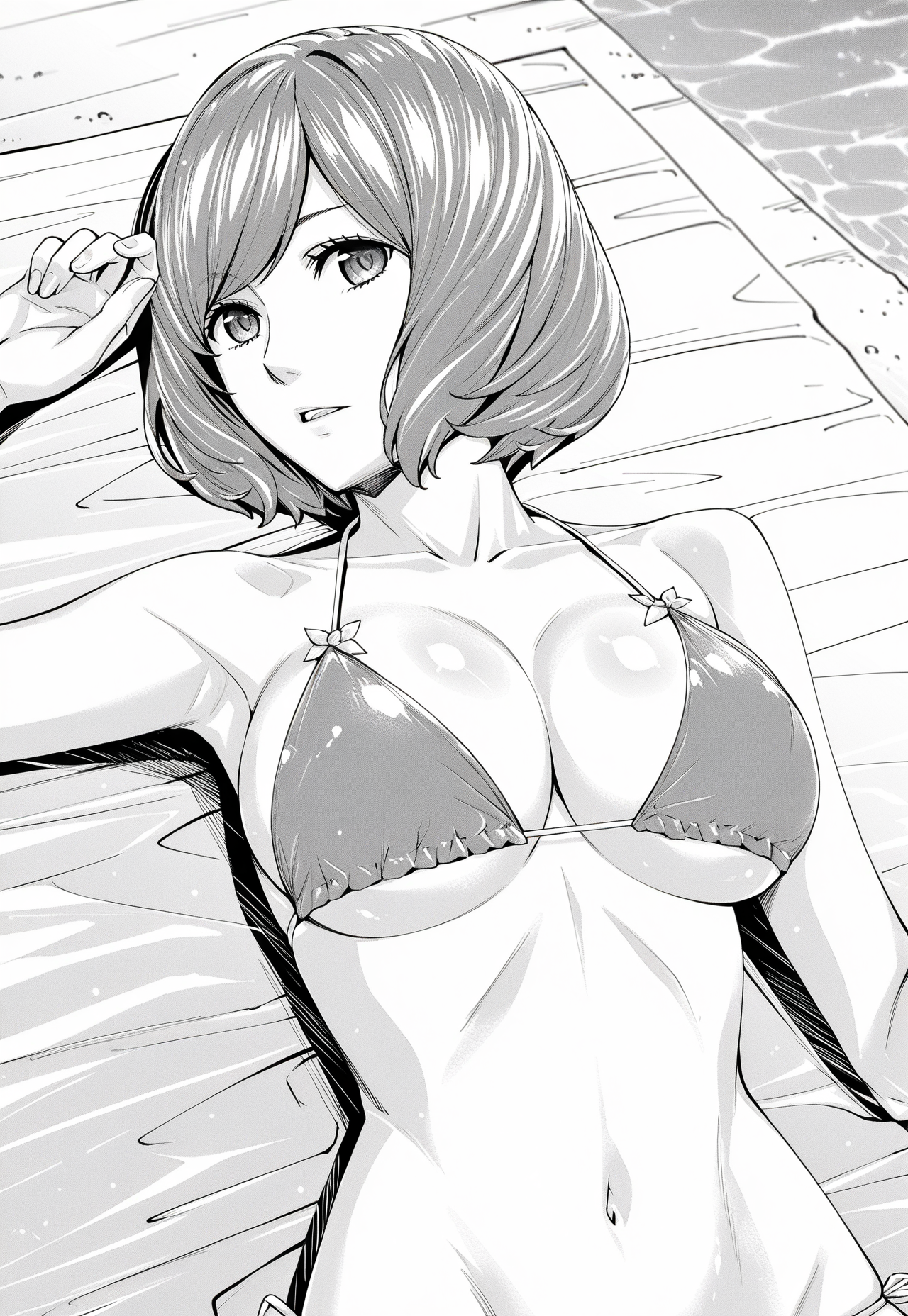 ultra-detailed,detailed face, score_9, score_8_up, score_7_up, source_anime,(extremely detailed CG), (best quality),masterpiece, best quality, very aesthetic, ery aesthetic, absurdres, stylized, newest, depth of field, HDR, high contrast, sharp focus, 8k resolution, digital art, greyscale, monochrome, 
1girl, monochrome, greyscale, solo, looking at viewer, short hair, rioli,
greyscale, monochrome, 1girl, solo, breasts, swimsuit, bikini, looking at viewer, large breasts, short hair, lying, cleavage, on back, navel,
 <lora:rioli:0.9>