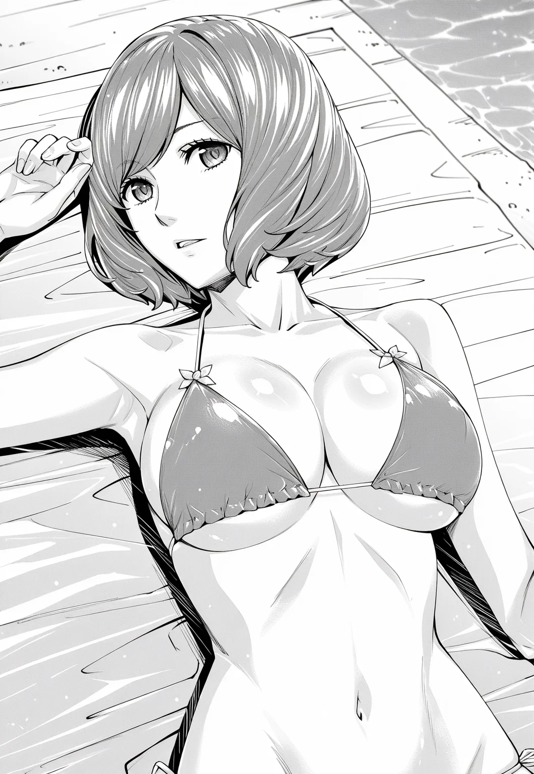 ultra-detailed,detailed face, score_9, score_8_up, score_7_up, source_anime,(extremely detailed CG), (best quality),masterpiece, best quality, very aesthetic, ery aesthetic, absurdres, stylized, newest, depth of field, HDR, high contrast, sharp focus, 8k resolution, digital art, greyscale, monochrome, 
1girl, monochrome, greyscale, solo, looking at viewer, short hair, rioli,
greyscale, monochrome, 1girl, solo, breasts, swimsuit, bikini, looking at viewer, large breasts, short hair, lying, cleavage, on back, navel,
 <lora:rioli:0.9>