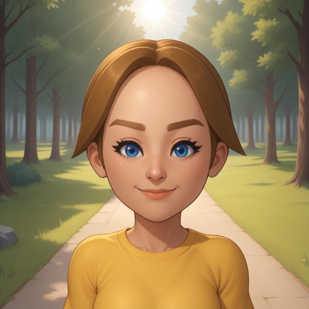 score_9, score_8, BREAK, solo, mii, wii, wii sports, 1girl, female mii, cute, dark blonde hair, ponytail, blue eyes, lips, dark skin, yellow clothing, white pants, flip flops, breasts, Mia_(Wii_Sports), Nintendo Mii, modern_mii, classic_mii, dark blonde eyebrows, sexy pose, smile, outdoors, sunlight, shadows, evening lighting, natural lighting, forest, trees, grass, orange sky, sunset