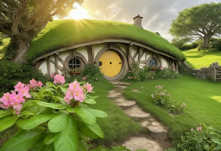 photo of fl0rRos1ta flower bush, in the Shire, hobbit holes in the background, peaceful countryside, golden sunlight, lush greenery, rustic charm, ultra-high definition, cinematic <lora:fl0rRos1ta_XL_epoch_8:0.8>