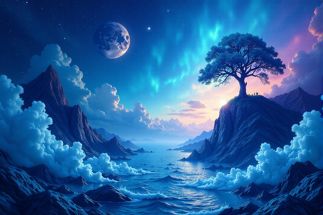 A surreal dreamscape rendered in Chrono-Impressionist Temporal Flux, where multiple time periods blend and shift. Use dreamy blue and subconscious indigo to represent different eras, creating a dynamic, time-bending composition.âââ