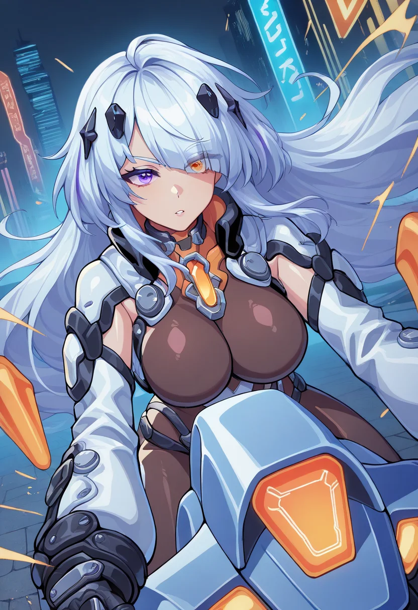 masterpiece,best quality,amazing quality,absurdres,depth of field,detailed eyes,8k, very aesthetic,1girl, solo, dila ananta, heterochromia, left purple eyes, purple left eye, right orange eyes, orange right eye, white hair, long hair, hair over one eye, bodystocking, detached sleeves, diamond hair ornament, black gloves, high collar, choker,
riding motorcycle, leaning forward, gripping handlebars, determined expression, neon-lit highway, glowing hover bike, upper body, dutch angle, cyberpunk city, high-speed motion blur, glowing exhaust, electric blue light trails, towering skyscrapers in background, wet pavement, glowing reflections, windblown hair, intense gaze, scattered sparks, glowing holographic signs, chasing rival, adrenaline-filled action, urban dystopia, glowing neon streaks
, <lora:Character_Dila Ananta:0.777>