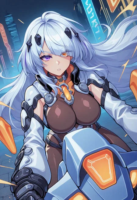 masterpiece,best quality,amazing quality,absurdres,depth of field,detailed eyes,8k, very aesthetic,1girl, solo, dila ananta, heterochromia, left purple eyes, purple left eye, right orange eyes, orange right eye, white hair, long hair, hair over one eye, bodystocking, detached sleeves, diamond hair ornament, black gloves, high collar, choker, 
riding motorcycle, leaning forward, gripping handlebars, determined expression, neon-lit highway, glowing hover bike, upper body, dutch angle, cyberpunk city, high-speed motion blur, glowing exhaust, electric blue light trails, towering skyscrapers in background, wet pavement, glowing reflections, windblown hair, intense gaze, scattered sparks, glowing holographic signs, chasing rival, adrenaline-filled action, urban dystopia, glowing neon streaks
, <lora:Character_Dila Ananta:0.777>