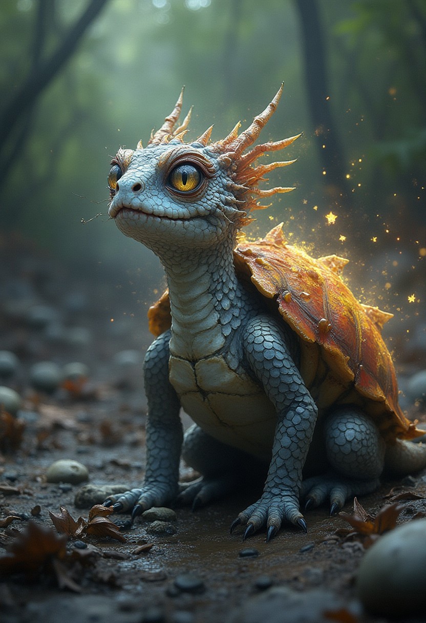 Envision a cute small chimera, Dragon-Turtle. an uncanny blend of a cute magical ether breathing dragon and an Turtle, Embodying the strange beauty of undiscovered biodiversity, ahx