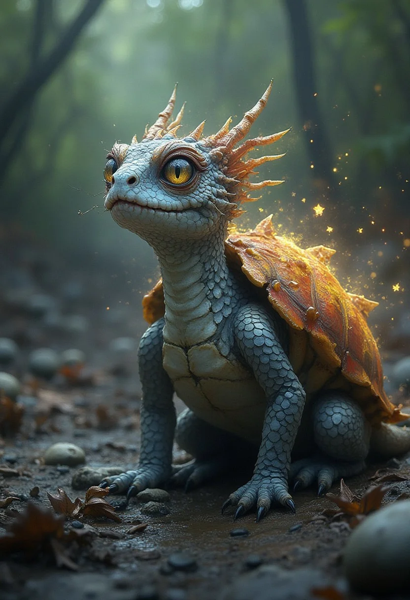 Envision a cute small chimera, Dragon-Turtle. an uncanny blend of a cute magical ether breathing dragon and an Turtle, Embodying the strange beauty of undiscovered biodiversity, ahx