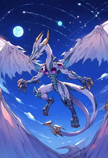 score_9,score_8_up,score_7_up,source_anime,zPDXL3,space,night,night sky,star (sky),sky,starry sky,galaxy,constellation,flying,
*//*,<lora:StardustDragon_Pony:1>,stardustdragon_ygo,no humans,solo,duel monster,dragon,wings,tail,claws,horns,
*//*,looking at viewer,cowboy shot,dutch angle,