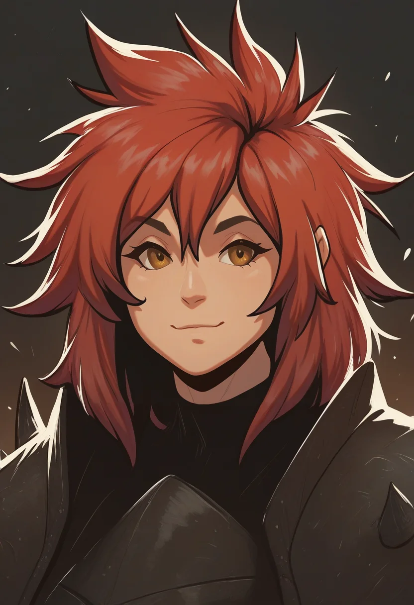 very awa, masterpiece, best quality, hightres, absurdres, pixelPaint, 1girl, red hair, medium hair, spiked hair, yellow eyes, light smile, portrait, <lora:PixelPaintStylez-IL:1.5>