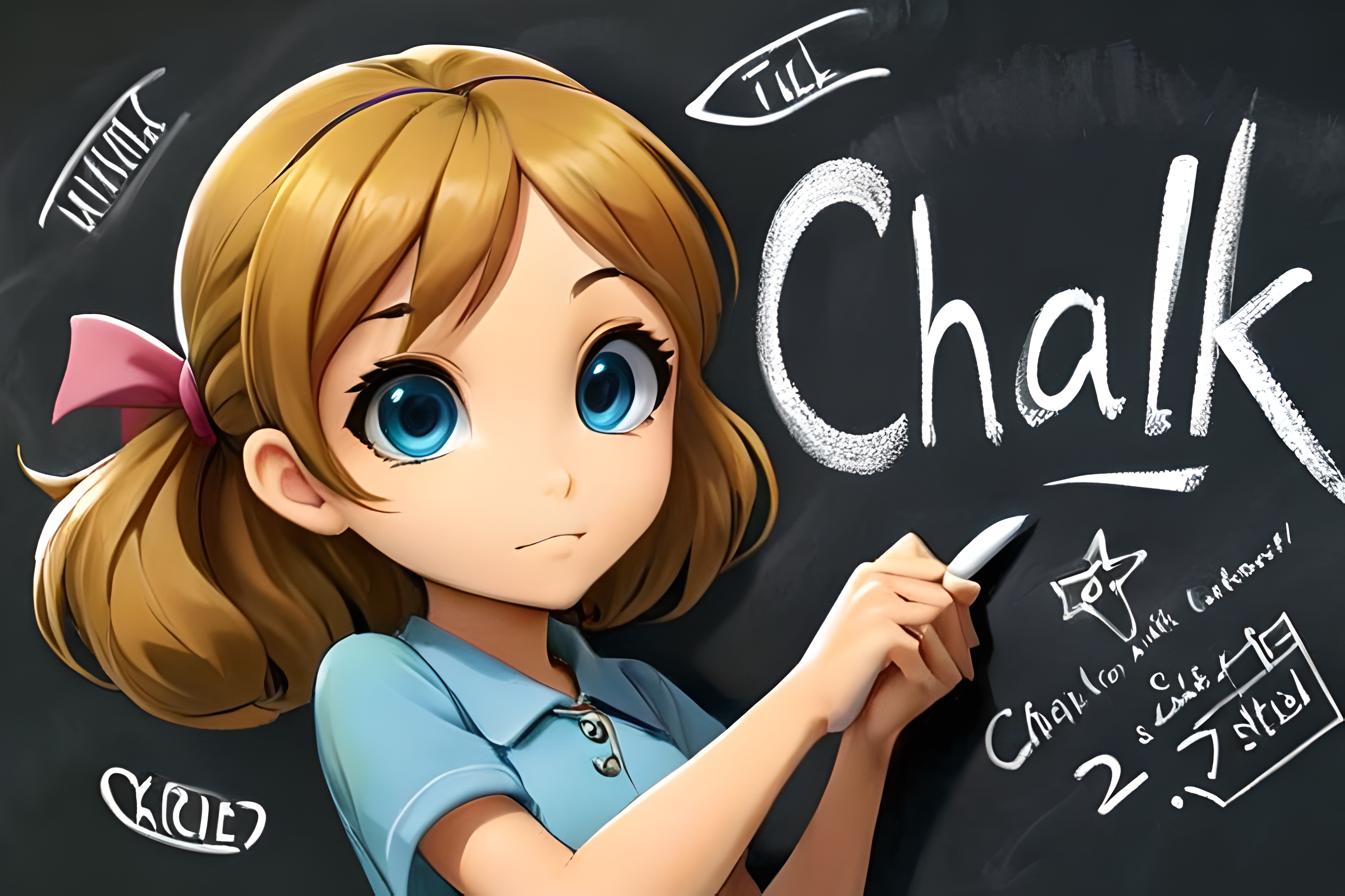 Ch4lk4rt,<lora:Harrlogos_v1.1:1>,(CHALLK text logo),<lora:Ch4lk4rt_001:1>,tiny anime girl writing on chalkboard,