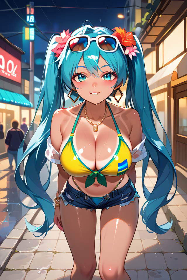 score_9, score_8_up, score_7_up, source_anime, (16k), masterpiece, absurdes, highly detailed, highres, high quality, 1girl, (solo), vocaloid, outdoors, cherry blossoms, cowboy shot, standing, looking at you, hatsune miku, (brazilian miku), blue eyes, aqua hair, absurdly long hair, twintails, dark skin, hair flower ornament, hoop earrings, sunglasses, eyewear on head, yellow shirt, single bare shoulder, short sleeves, midriff, belly chain, brazil flag print, blue bikini, halterneck, highleg bikini, side-tie bikini bottom, bikini under clothes, denim shorts, open shorts, tanlines, bracelet, necklace, sandals, ((close-up)), shiny skin, smile, parted lips, (seductive smile), sexy, erotic, big breasts, horny expression, tanned, (brazil flag print), (yellow shirt), smug, smile, <lora:Brazilian Miku PonyXL-10:0.7>, <lora:Add Detail Tweaker X:0.7>, dark-skinned female, (face focus), extreme face close-up, <lora:BlushingArousedHorny:1>, safe_pos, nose blush, ((intense red blush:1.3)), ((horny:1.2, aroused:1.2)), knitted eyebrows, knitting eyebrows, seductive, seduction, (cute, hot sexy, gorgeous, cleavage), bokeh, ((biting lip, perfect eyes)), ((to bite one's lips)), sweaty, glistening, (neon, hoodie, rainy, wet, reflections, reflections in the street, perfect skin, shy smile, smile, city), Hornaroublush, dark, moody, lights in the reflection of the street, city, midnight, city skyline, (black hoodie),
