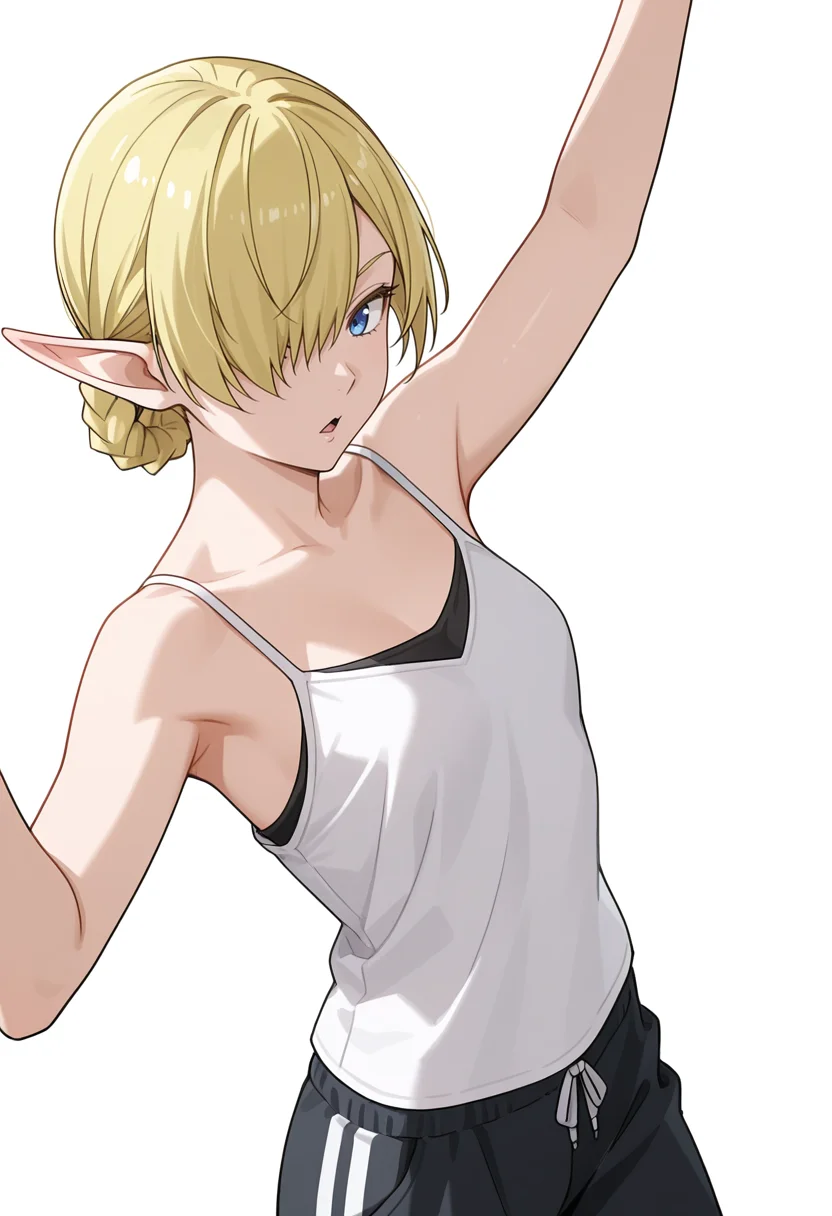Smooth Quality,masterpiece,very intricate, high quality details, ultra realistic, high detailed skin,detailed enviorement,absurdres, 
simple background, white background, 
dutch angle,dancing,
diamond mouth,solo, 
 <lora:Kagali_cnn:0.8> 1girl, short hair, blonde hair, blue eyes, pointy ears, braid, hair over one eye, elf,robe,  ,tank top, camisole, ,track pants, ,