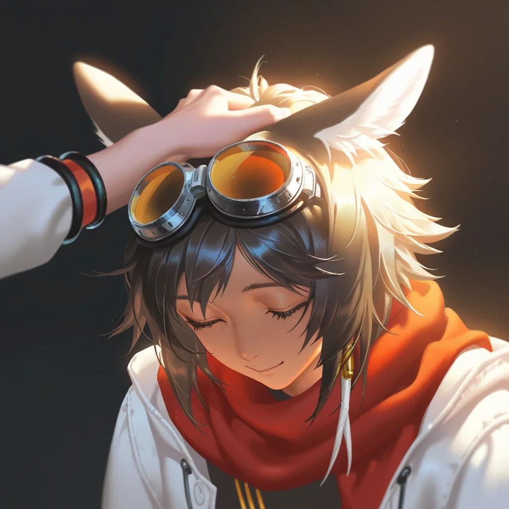 1boy, courier \(arknights\), courierarknights, toned male, deer ears, animal ear fluff, medium hair, aqua eyes, tanned skin, (artist:penguin frontier, artist:krenz, artist:yoneyama mai:1.2), nyalia, simple background, portrait, dim lighting, depth of field, headpat, head down, smile, closed eyes, closed mouth, red scarf, goggles on head, tooth hair ornament, orange goggles, welding goggles, black jacket, white jacket, masterpiece, best quality, newest, absurdres, highres, uncensored, <lora:nyalia:0.4>, <lora:lora-000008.TA_trained:0.8>
