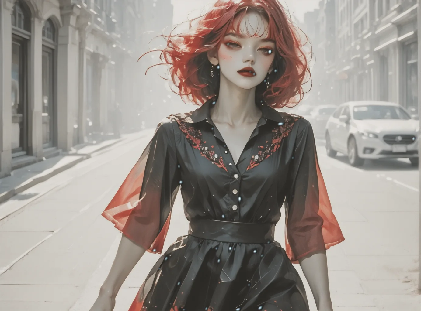 score_9, score_8_up, score_7_up, character in profile, walking, looking at surroundings, 1girl, pale skin, medium breasts, <lora:sm0k3XLP:1>, <lora:goth_clothes:1>, vampire dress, black details, red lining, neon hair color, two tone hair, <lora:setzstyle7:1>, <lora:Niji_mix_style_v2:1>,