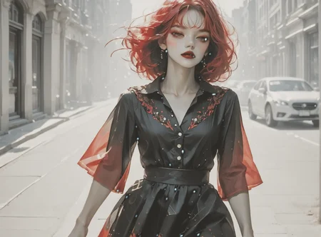 score_9, score_8_up, score_7_up, character in profile, walking, looking at surroundings, 1girl, pale skin, medium breasts, <lora:sm0k3XLP:1>, <lora:goth_clothes:1>, vampire dress, black details, red lining, neon hair color, two tone hair, <lora:setzstyle7:1>, <lora:Niji_mix_style_v2:1>,