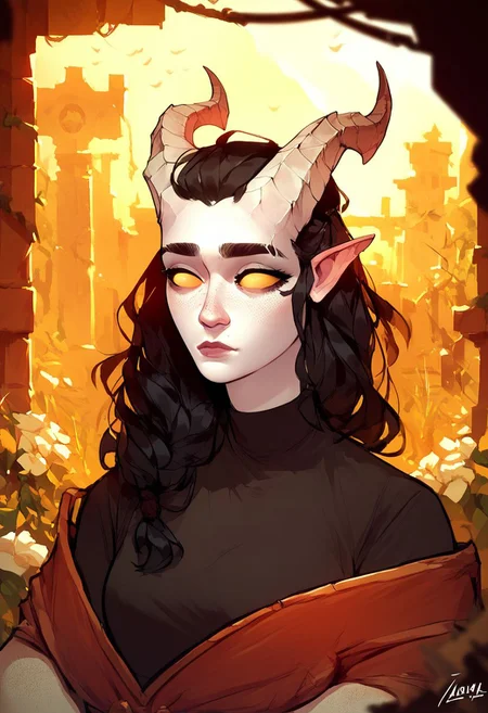 score_9, score_8_up, 8, score_7_up, score_6_up, ((masterpiece)), solo, portrait,
Tiefling, pointed ears, horns, colored sclera, 1Girl, black hair, white skin, freckles, thick eyebrows, shirt, tail
Fantasy ruins of the scenery
