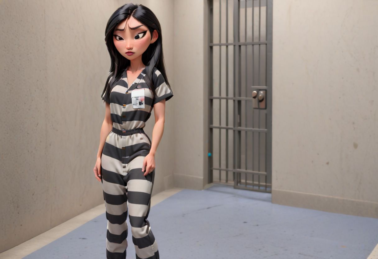 modisn disney, Pixar, long shot, (1girl Mulan frowning sad wearing Black_White_Striped_Jumpsuit short sleeve top long straight hair, cellblock_v3, cellblock_shot, cell_exterior_perspective, county_cell