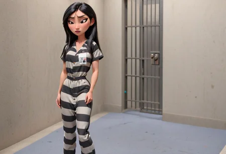 modisn disney, Pixar, long shot, (1girl Mulan frowning sad wearing Black_White_Striped_Jumpsuit short sleeve top long straight hair, cellblock_v3, cellblock_shot, cell_exterior_perspective, county_cell