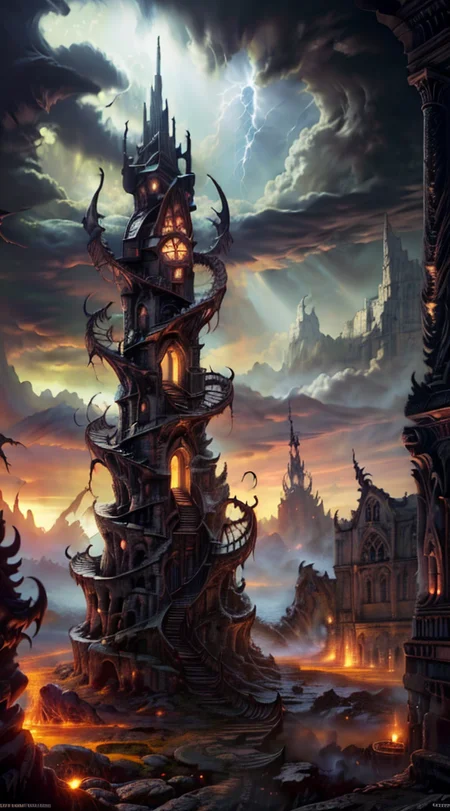 Gothic style,
Horror-themed,
Masterwork Painting, Magnum Opus,
HDR photo of
<lora:Wizard_Tower-10:0.75> witow, castle, cloud, cloudy sky, grass, no humans, scenery, sky, tower, tree,
<lora:locon_conceptlightning_v1_from_v1_64_32:1> lghtnngprsn, lightning, storm
<lora:Hell2_v1.0:0.8> demonic, creatures, fire, city, creepy, lava, volcano, castle,
. High dynamic range, vivid, rich details, clear shadows and highlights, realistic, intense, enhanced contrast, highly detailed,
highres, 8k, uhd, High Dynamic Range, tonemapping, crisp details, intricate details, fine details,
. Eerie, unsettling, dark, spooky, suspenseful, grim, highly detailed,
. Dark, mysterious, haunting, dramatic, ornate, detailed