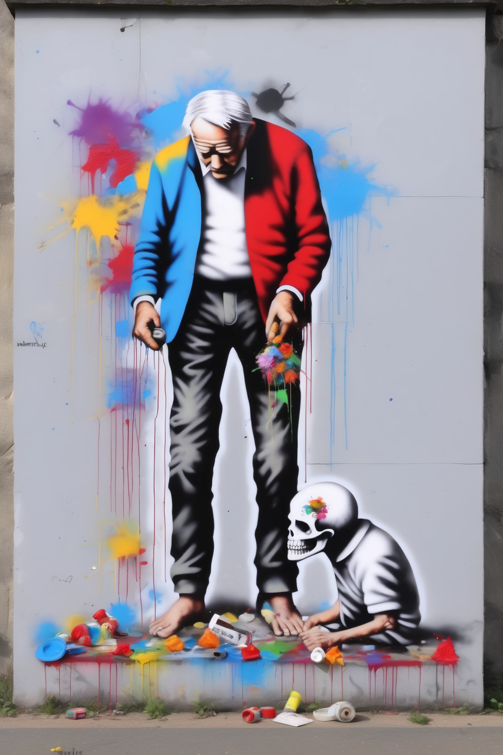 <lora:Martin Whatson Style:1>Martin Whatson Style - street art by martin whatson. barefoot elderly man painting skull