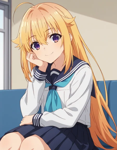 score_9, score_8_up, score_7_up, source_anime, <lora:torako-koshi-s1-ponyxl-lora-nochekaiser:1>, torako koshi, long hair, bangs, blonde hair, hair between eyes, very long hair, purple eyes, ahoge, sidelocks, hair flaps, skirt, shirt, long sleeves, school uniform, white shirt, pleated skirt, serafuku, sailor collar, blue skirt, neckerchief, blue sailor collar, blue neckerchief,, indoors, smile, looking at viewer, solo, sitting, head rest,, cowboy shot, dutch angle