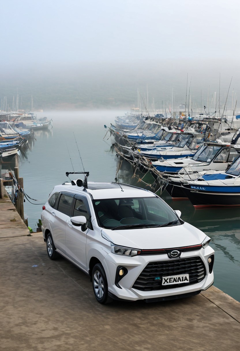 high resolution, best quality, Car, Daihatsu Xenia, Urban dock, fishing boats, morning mist,