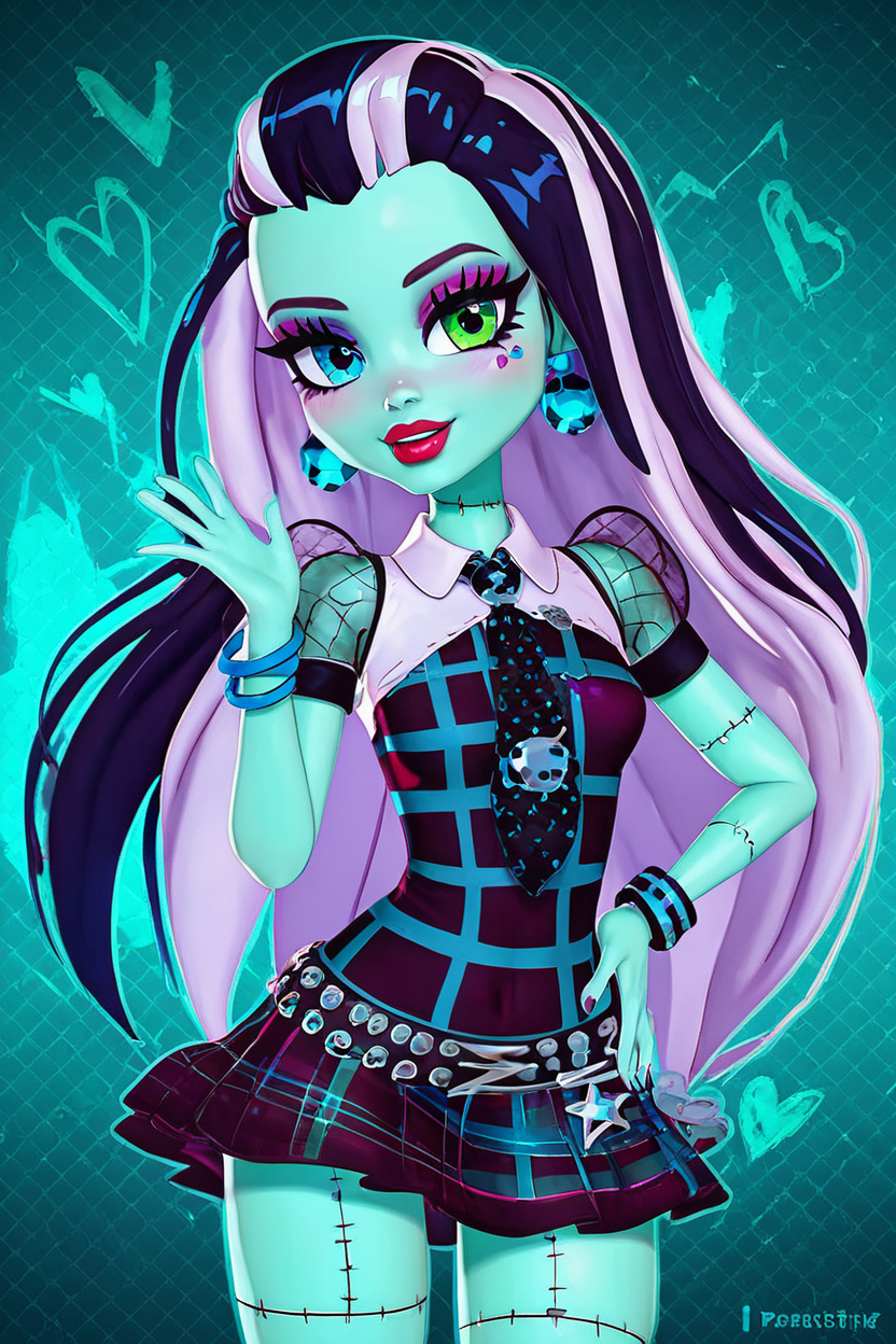 score_9, score_8_up, score_8, medium breasts, (curvy), cute, eyelashes,       BREAK, , zzFrankie, heterochromia, blue eyes, green eyes, multicolored hair, aqua skin, streaked hair, black hair, white hair, long hair,  stitches,  jewelry, earrings, makeup, lipstick, plaid dress, skirt, bracelet, <lora:Frankie_MH_PDXL:1.0>, , BREAK, smile, looking at viewer, cowboy shot, ,,, embedding:zPDXL, Expressiveh, ,,, <lora:Zy0n7_PDXL:0.8>, <lora:SDXLFaeTastic2400:0.5>, <lora:Expressive_H-000001:0.4>,