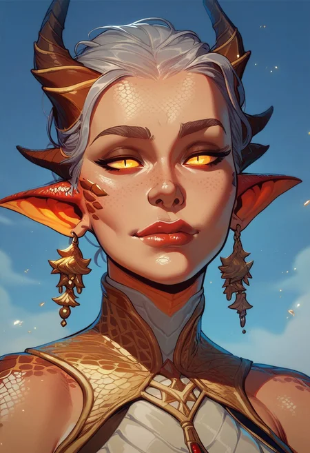 score_9, score_8_up, score_8, score_7_up, score_7, score_6_up, score_6, score_5_up, beautiful woman, light skin with a hint of red, glowing white eyes, silver hair, gold accessories, elegant dress, (dragon scales, dragon scales on face, gold scales:1.3), monster ears, jagged ears, emotionless expression, vox machine style, 1girl, female focus, solo, close up portrait , fantasy, sky background, (dynamic lighting:1.1)
((masterpiece))