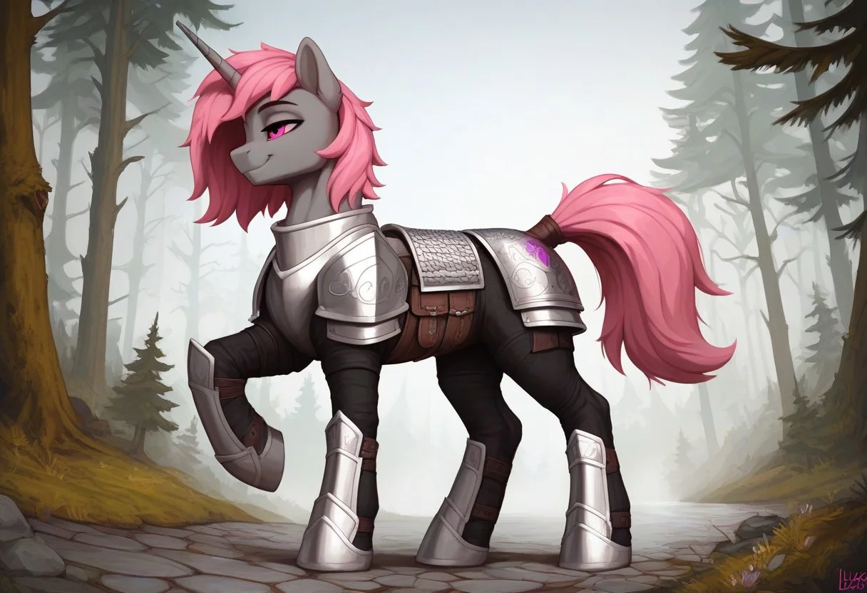 score_9, score_8_up, score_7_up, score_6_up, score_5_up, g4, pony from my little pony friendship is magic, big flanks, anatomically correct, unicorn, unicorn horn, feminine, muscular, large, large frame, fit, sporty body, feminine male, large, tall, big, burly, muscular, male, ash grey body, ash grey fur, malibu pink mane and tail, malibu pink in mane and tail, short mane, hot pink eyes,
outdoors, medieval forest, trees, forest, deep forest, fog, foggy, quiet, peaceful, outside, cobblestone path,
Paladin, silver knight armor, silver armor, chainmail, platemail, plate armor, smile, friendly, kind, gentle, soft, friendly, adorable, patrolling, walking, solo, feral